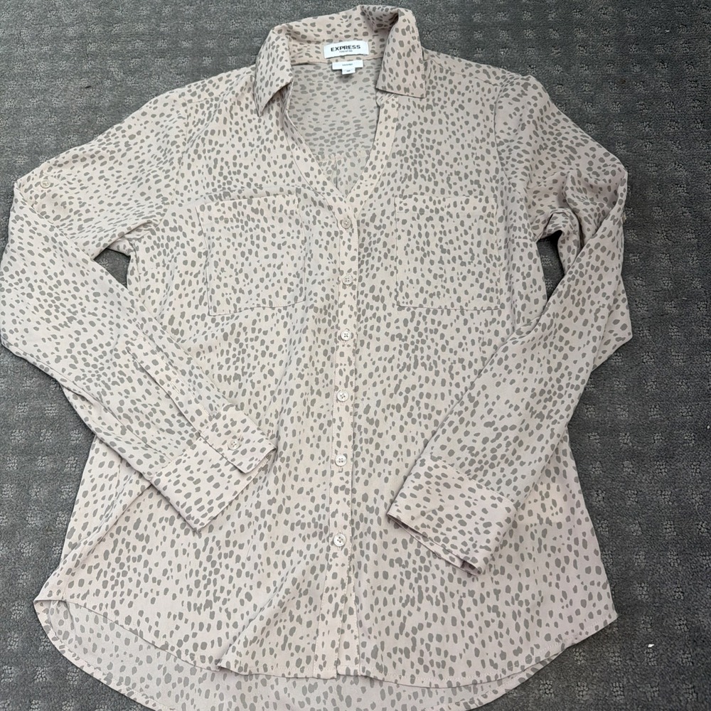 Express Portofino Slim Chiffon Blouse Leopard Print Button Down Womens Sz XS